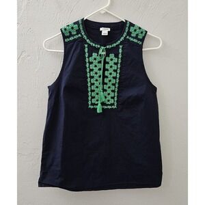 J.‎ Crew Tank Womens Size 4 Navy Green Embroidered Tassel Keyhole Sleeveless Top